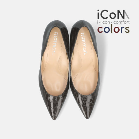 20%OFF：2025AW：iCoN COLORS：ポインテッドトゥ クロコ型押し パンプス（C76534）チャコールCR/mamian（マミアン）