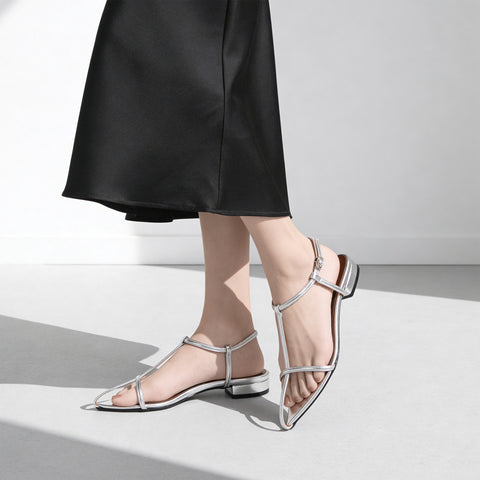 15% OFF: 2024SS: T-strap pointed flat sandals (m17001) Silver
