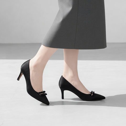 予約：2026SS：ダブルリボン サテン パンプス（m72025）ブラックサテン